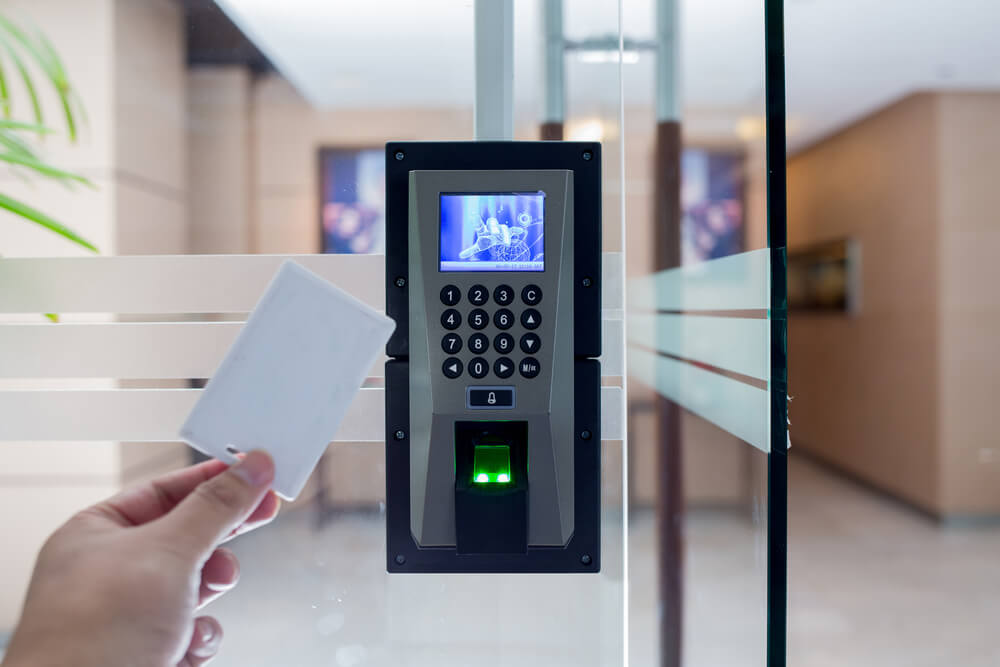 Access control system in office with keypad, card and fingerprint options